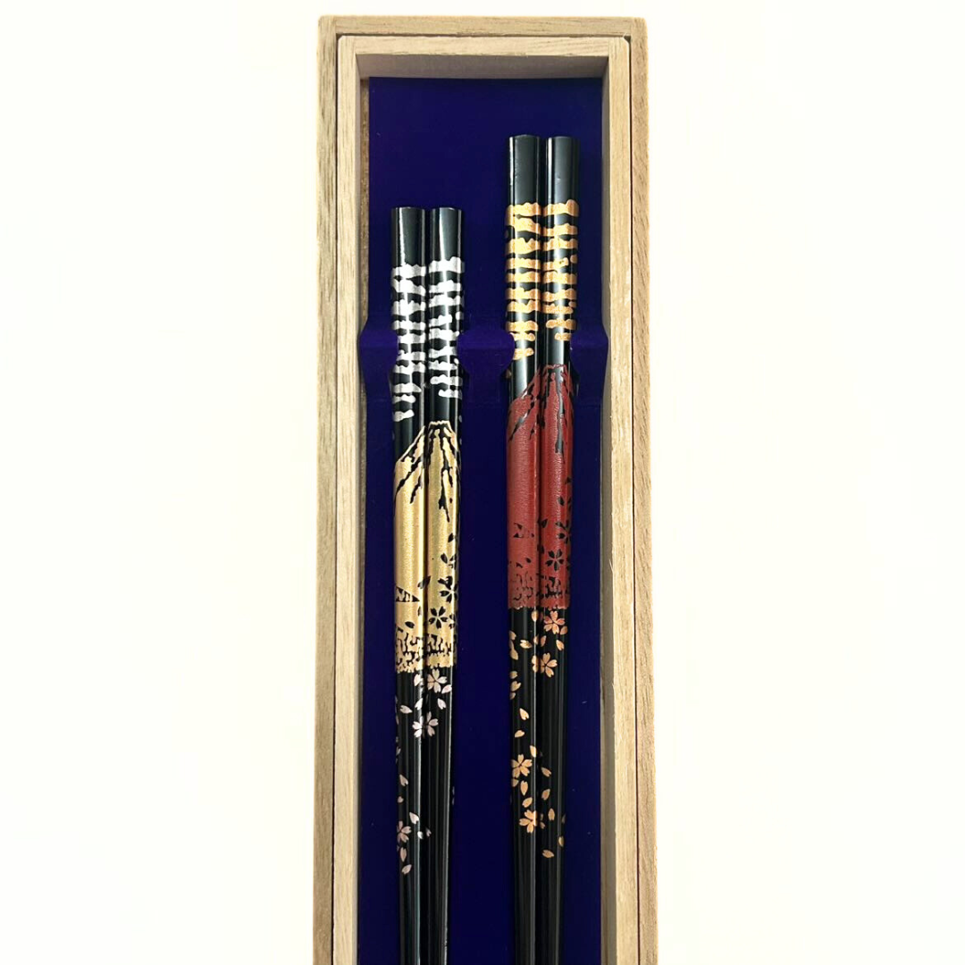 木製夢うるし箸富士と桜二膳桐箱入(食洗機対応)