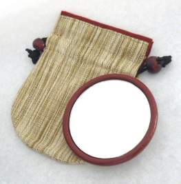 木製携帯丸型ミラー帯桜袋付/朱漆