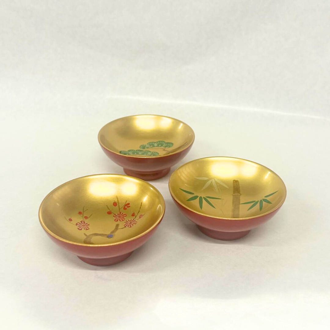 木製朱内本金地2.2小盃ｾｯﾄ手描き松竹梅