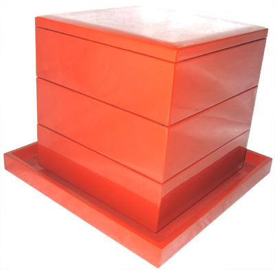 木製輪島塗三段重古代朱内朱漆盆(245角x20H)付/重箱